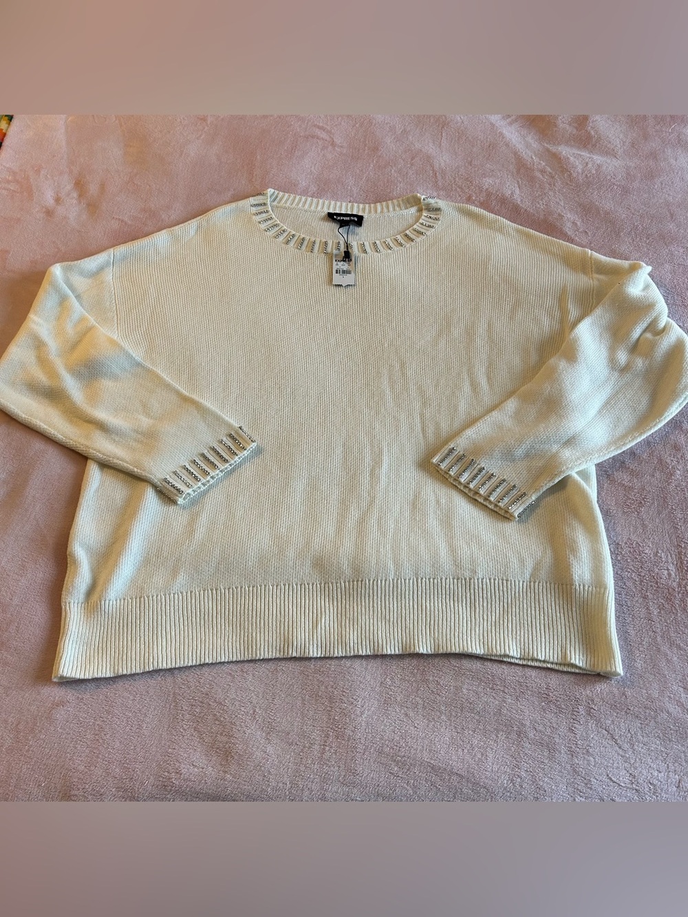 Express white long sleeve crew neck sweater rhinestone embellishments size L